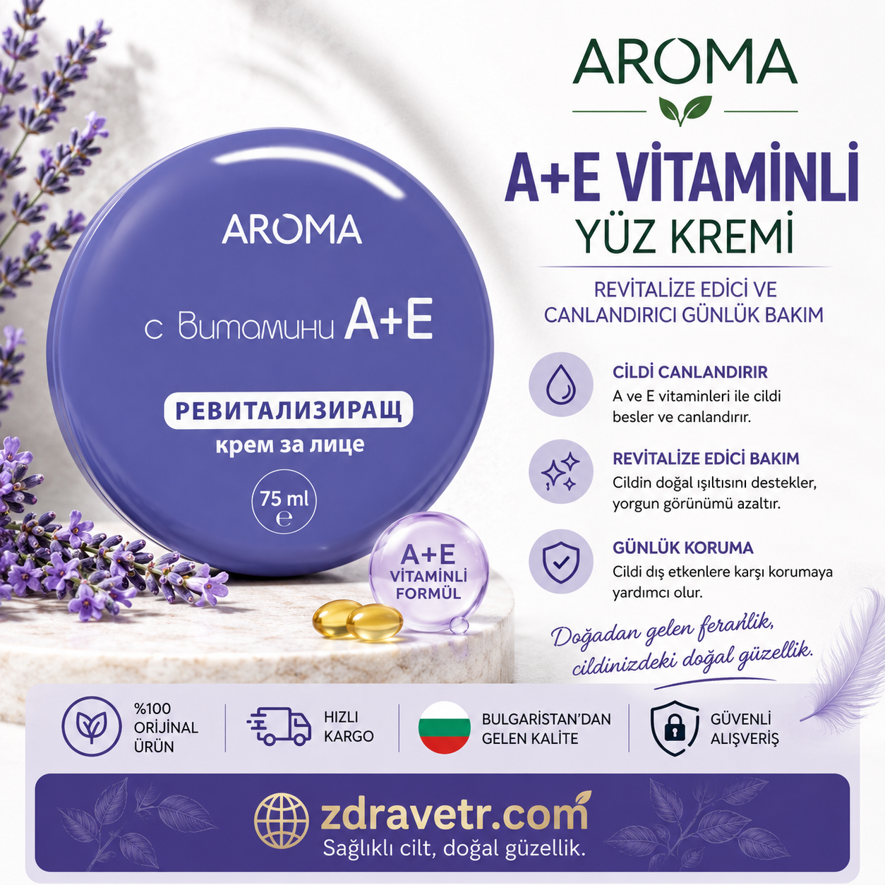 Aroma A+E Vitaminli Yüz Kremi 75 ml | Nemlendirici, Yenileyici ve Günlük Cilt Bakım Kremi