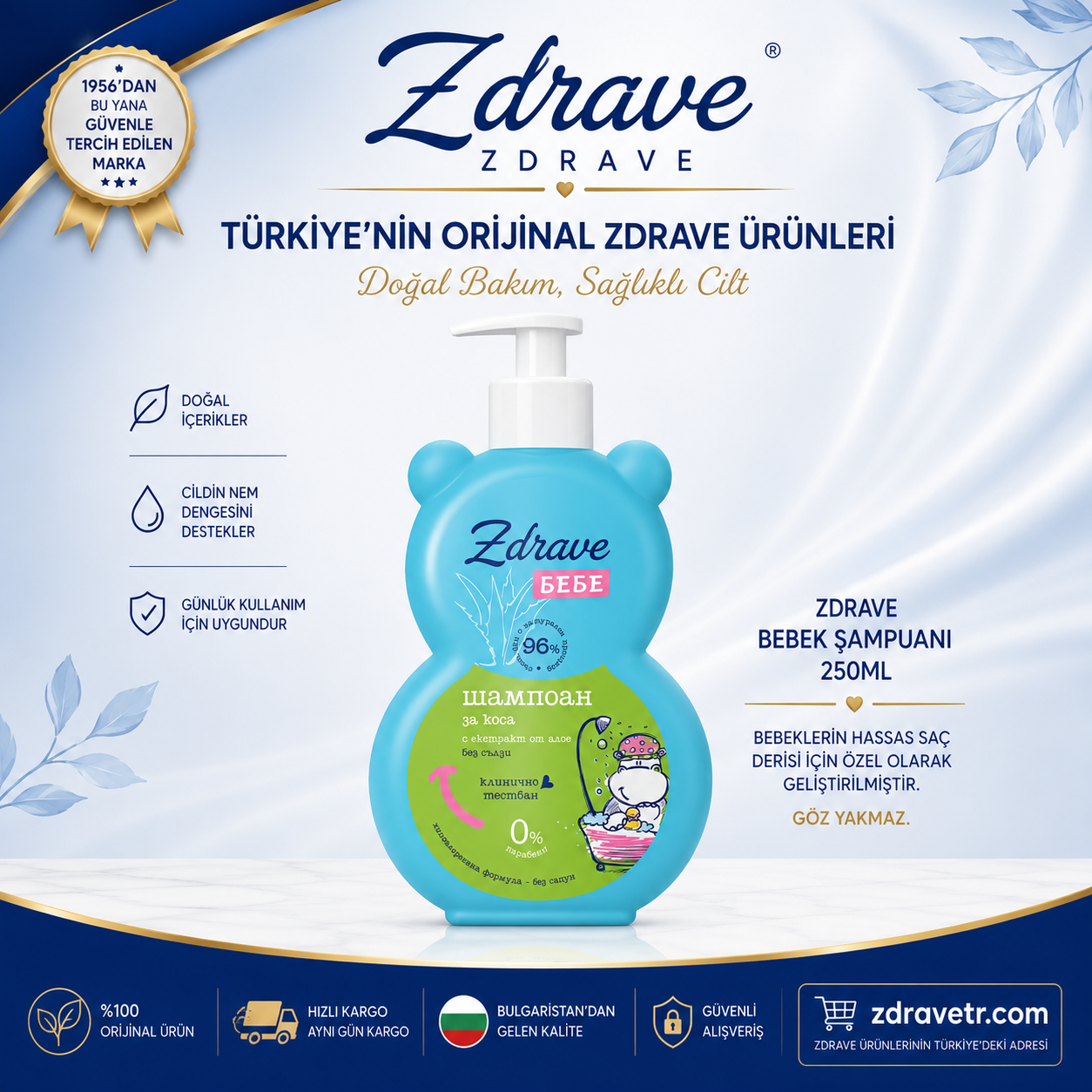 Zdrave Bebek Şampuanı 250 ml | Aloe Vera Özlü Göz Yakmayan Bebek Şampuanı